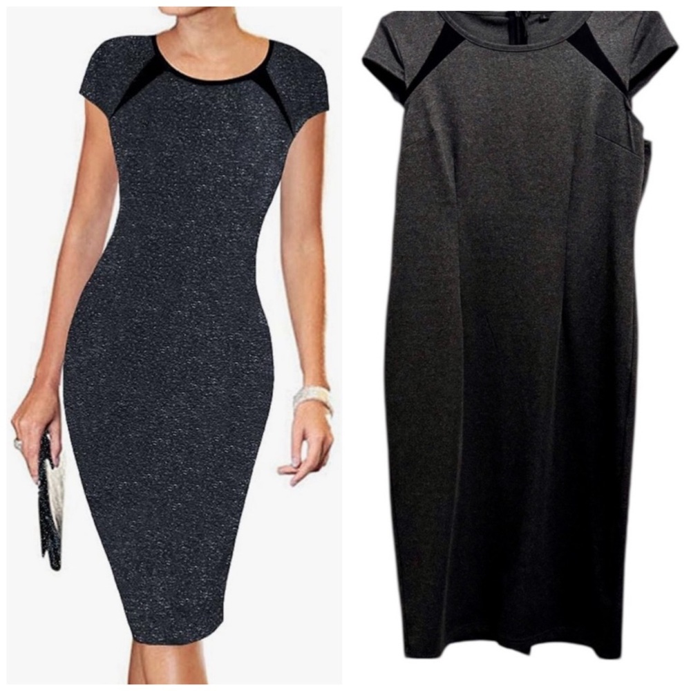 NWOT L Charcoal/Black Cap Sleeve Pencil Dress - Stretchy Fitted Office Cocktail